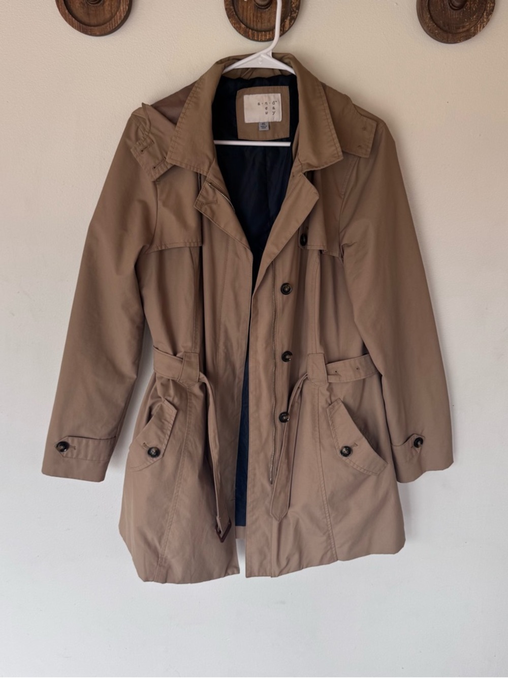 a new day Tan hooded Trench Coat with Belted Waist size XL